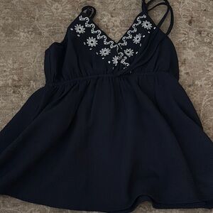 Navy Blue Embroidered Women's Top